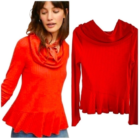 Anthropologie Maeve Addie Hacci Cowl Neck Top Waffle Weave Red Orange Flowy M - Picture 1 of 12